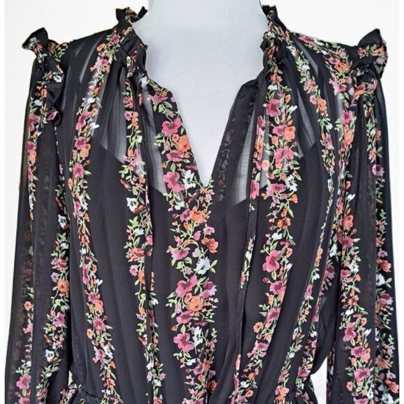 JULIA JORDAN Floral Stripe Print Ruffle-Trim Pleated Drawstring Dress Size 4 - Picture 7 of 9